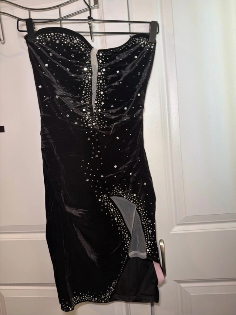 Berenis Strapless Black Velvet Evening Dress with Crystal Embellishment